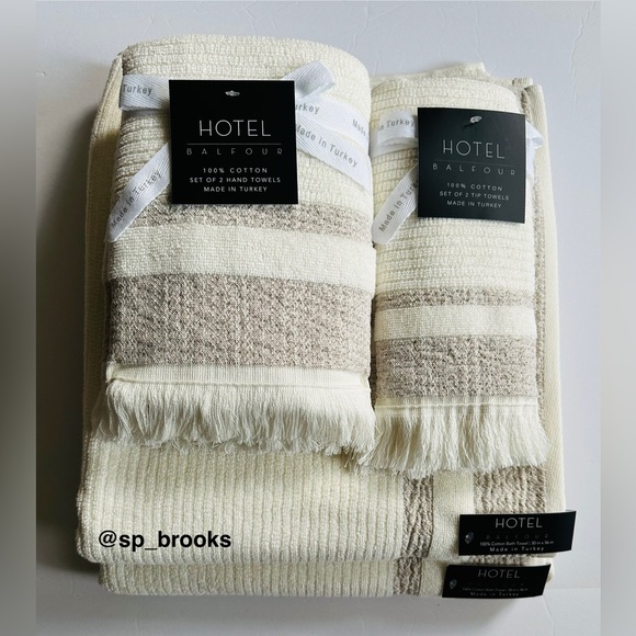 🎁6PC Hotel Balfour Bath Towel Set -CRMLTBG DUBLIN- Cotton- Cream & Heather Taupe - Picture 1 of 10